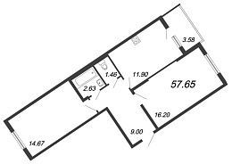Новое Сертолово, IV кв. 2021, 2 комнаты, 57.65 м2