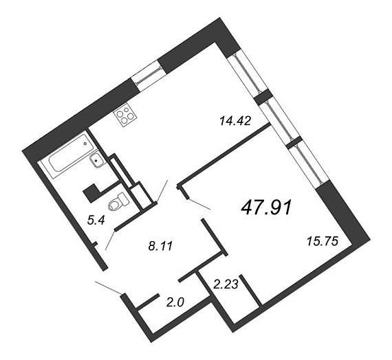 Ariosto, III кв. 2021, 1 комната, 47.91 м2