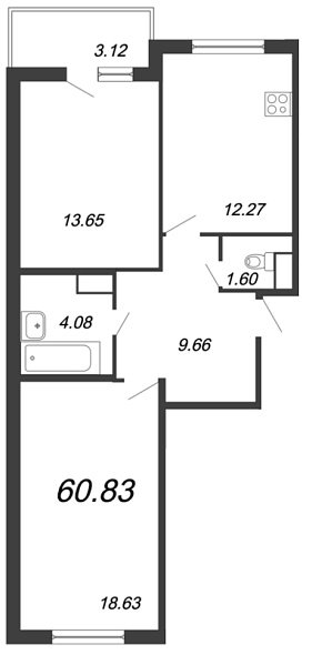 Новый Лесснер, IV кв. 2021, 2 комнаты, 60.83 м2