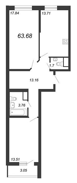 Приморский квартал, III кв. 2022, 2 комнаты, 63.68 м2