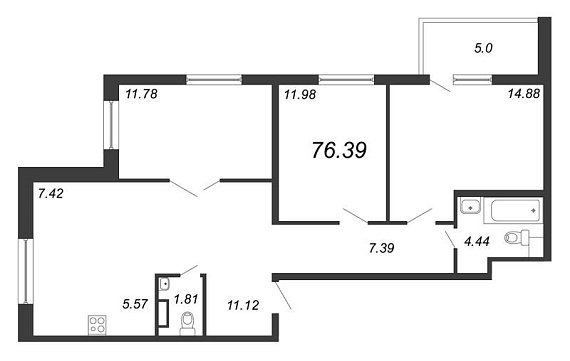 Ренессанс, IV кв. 2020, 3 комнаты, 76.39 м2