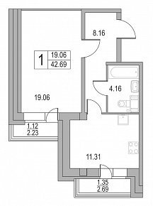 Приморский квартал, II кв. 2021, 1 комната, 42.69 м2