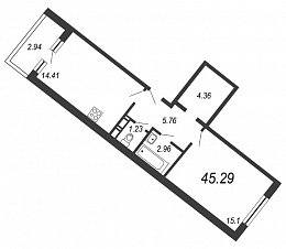 Ariosto, III кв. 2021, 1 комната, 45.29 м2