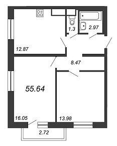 Приморский квартал, III кв. 2022, 2 комнаты, 55.64 м2