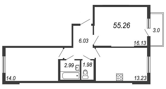 Новое Сертолово, IV кв. 2021, 2 комнаты, 55.26 м2