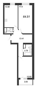 Приморский квартал, III кв. 2022, 2 комнаты, 64.51 м2