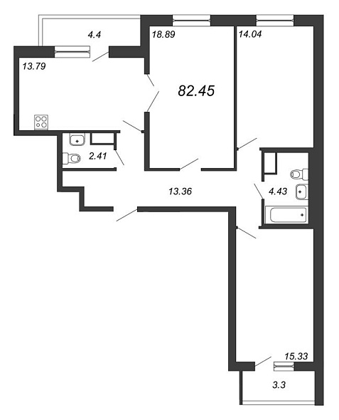 Приморский квартал, III кв. 2022, 3 комнаты, 82.45 м2