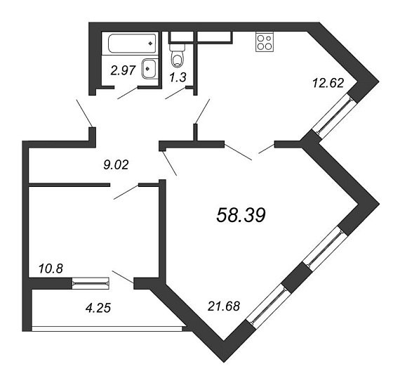 Приморский квартал, III кв. 2022, 2 комнаты, 58.39 м2