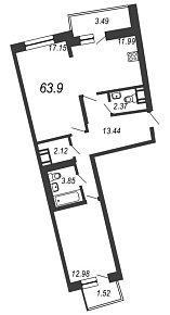 Приморский квартал, III кв. 2021, 2 комнаты, 63.90 м2
