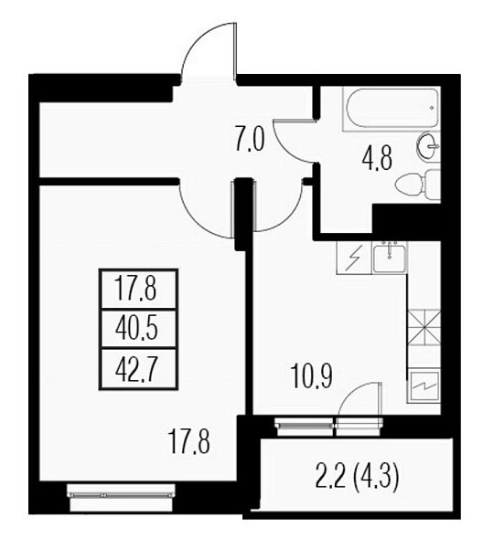 Жемчужный Каскад, IV кв. 2021, 1 комната, 42.70 м2