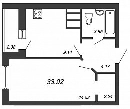 Приневский, IV кв. 2020, 1 комната, 33.92 м2