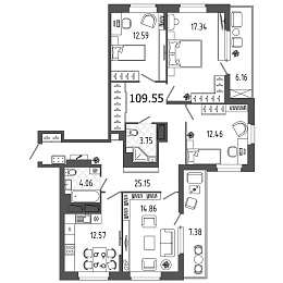 Охта Хаус, I кв. 2021, 4 комнаты, 109.55 м2