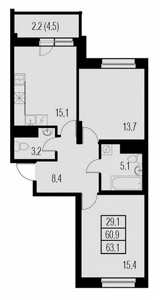 Жемчужный Каскад, IV кв. 2020, 2 комнаты, 60.90 м2