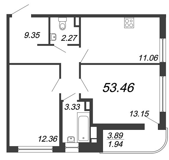 Энфилд, IV кв. 2020, 2 комнаты, 53.46 м2