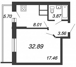 Приневский, IV кв. 2021, 1 комната, 32.89 м2