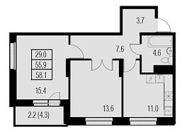 Жемчужный Каскад, IV кв. 2021, 2 комнаты, 58.10 м2
