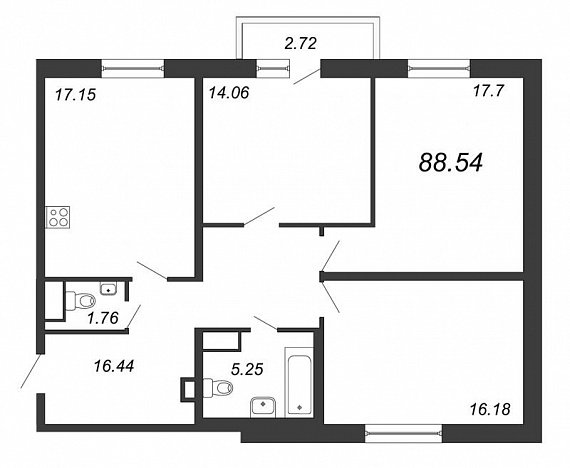 Приморский квартал, III кв. 2022, 3 комнаты, 88.54 м2