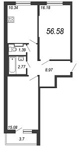 Новое Сертолово, IV кв. 2021, 2 комнаты, 56.58 м2
