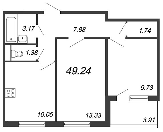Юттери, III кв. 2021, 2 комнаты, 49.24 м2