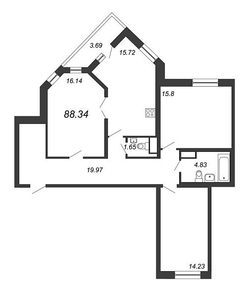 Приморский квартал, III кв. 2022, 3 комнаты, 88.34 м2