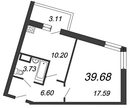 Материк, III кв. 2021, 1 комната, 39.68 м2
