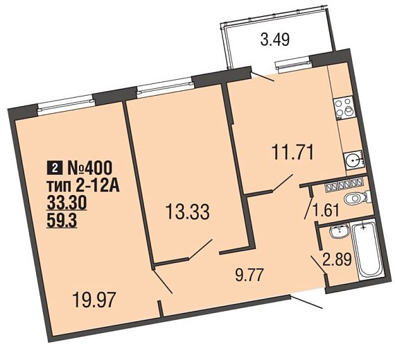 EcoCity, Сдан, 2 комнаты, 59.40 м2