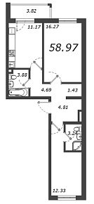 Новое Горелово, III кв. 2021, 2 комнаты, 58.97 м2