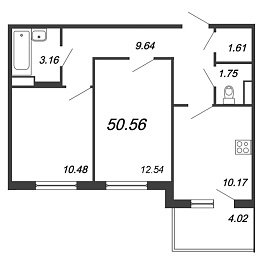 Юттери, III кв. 2021, 2 комнаты, 50.56 м2