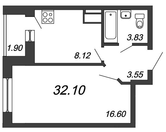 Приневский, IV кв. 2021, 1 комната, 32.10 м2