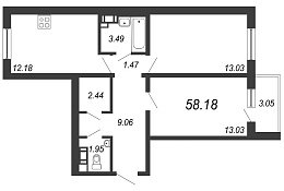 IQ Гатчина, III кв. 2021, 2 комнаты, 58.18 м2