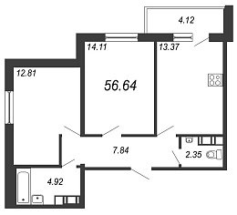 IQ Гатчина, III кв. 2021, 2 комнаты, 56.64 м2