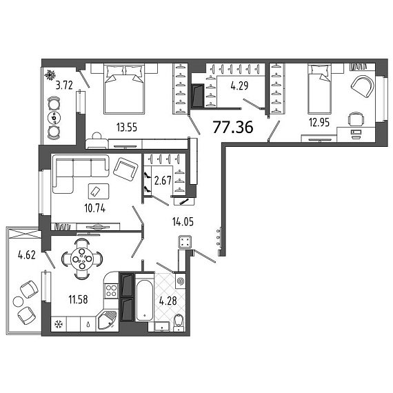 Охта Хаус, I кв. 2021, 3 комнаты, 77.36 м2