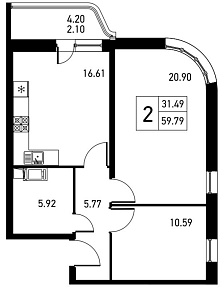 Дом на Львовской, II кв. 2021, 2 комнаты, 61.89 м2