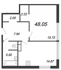 Ariosto, III кв. 2021, 1 комната, 48.05 м2