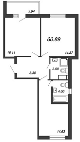 Северный, II кв. 2021, 2 комнаты, 60.89 м2