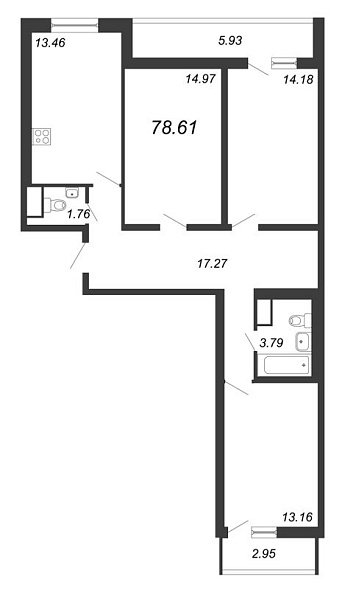 Приморский квартал, III кв. 2022, 3 комнаты, 78.61 м2