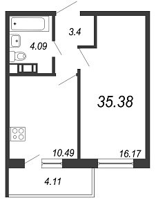 IQ Гатчина, III кв. 2021, 1 комната, 35.38 м2