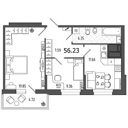 Охта Хаус, I кв. 2021, 2 комнаты, 56.23 м2