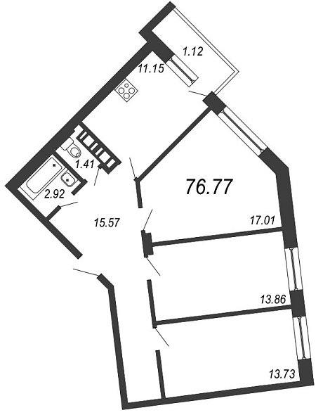 Новое Горелово, IV кв. 2020, 3 комнаты, 76.77 м2
