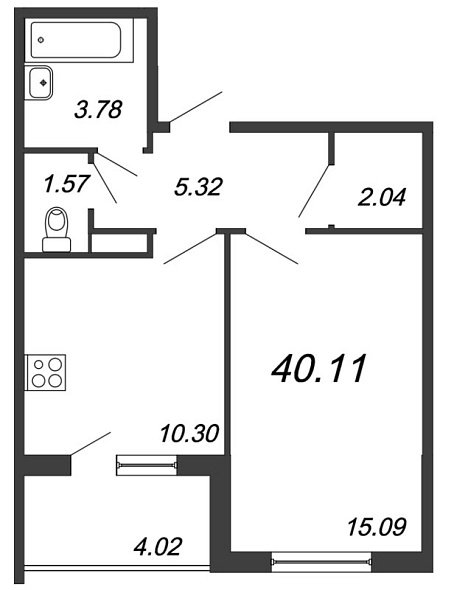 Юттери, III кв. 2021, 1 комната, 40.11 м2