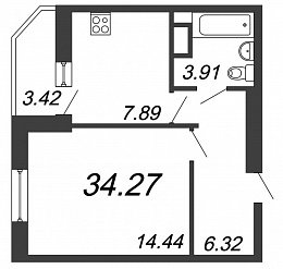Материк, III кв. 2021, 1 комната, 34.27 м2