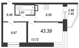 Чистый ручей, IV кв. 2021, 2 комнаты, 43.39 м2