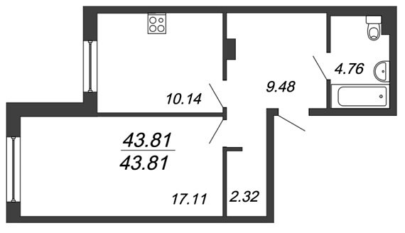 Полюстрово, IV кв. 2020, 1 комната, 43.81 м2