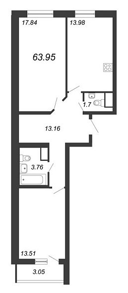 Приморский квартал, III кв. 2022, 2 комнаты, 63.95 м2