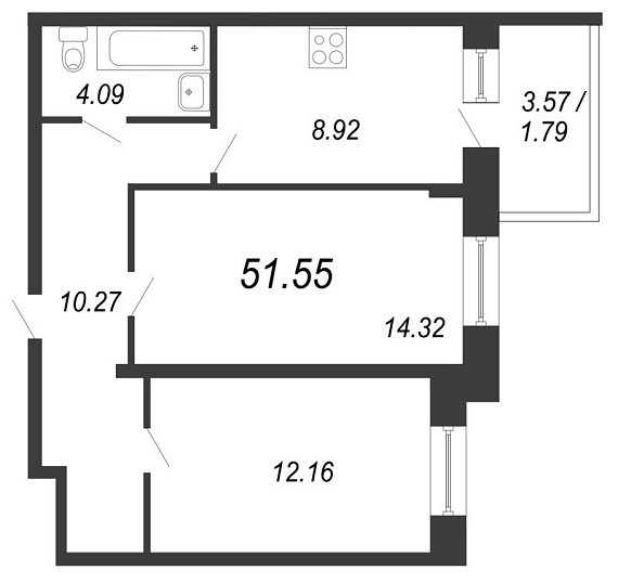 Чистый ручей, IV кв. 2021, 2 комнаты, 51.55 м2
