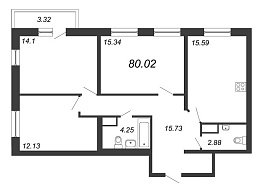 Приморский квартал, III кв. 2022, 3 комнаты, 80.02 м2