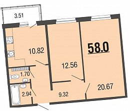 EcoCity, Сдан, 2 комнаты, 58.20 м2