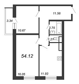 Приморский квартал, III кв. 2022, 2 комнаты, 54.12 м2