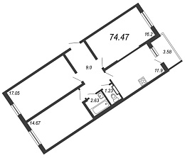 Новое Сертолово, IV кв. 2021, 3 комнаты, 74.47 м2