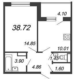 Юттери, III кв. 2021, 1 комната, 38.72 м2